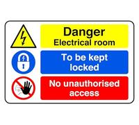 Danger Electrical Room To Be Kept Locked No Unauthorised Access - safety sign - High tack self-adhesive sticker (300mm x 200mm) Viewing Distance within 7m.
