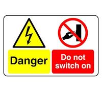 Danger Electrical Switch On - safety sign - High tack self-adhesive sticker (150mm x 100mm) Viewing Distance within 3m.