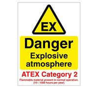 Danger explosive atmosphere (ATEX Category 2) sign 150mm x 200mm Self adhesive vinyl sticker Warns the public of dangerous flammable substances (10)