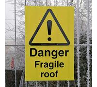 Danger Fragile Roof - Warning Sign c/w drill holes and cable tie - 200mm x 300mm fluted plastic (corex) - Advising of potential dangers on construction sites