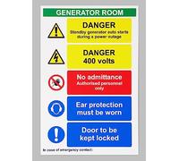 Danger generator room standby generator auto starts during a power outage danger 400 volts safety sign - 1mm flexible Plastic sign (300mm x 200mm)