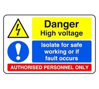 Danger High Voltage Isolate For Safe Working Or If Fault Occurs - safety sign - 1.2mm Rigid plastic for indoor/outdoor usage (400mm x 300mm) Viewing Distance within 14m.
