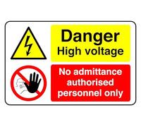 Danger High Voltage No Admittance Authorised Personnel Only - safety sign - 1.2mm Rigid plastic for indoor/outdoor usage (400mm x 300mm) Viewing Distance within 14m.