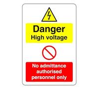 Danger High Voltage No Admittance Authorised Personnel Only - safety sign - 1.2mm Rigid plastic for indoor/outdoor usage (400mm x 300mm) Viewing Distance within 14m.