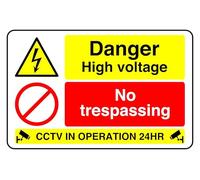 Danger High Voltage No Trespassing Cctv In Operation 24Hr - safety sign - 1.2mm Rigid plastic for indoor/outdoor usage (600mm x 400mm) Viewing Distance within 20m.