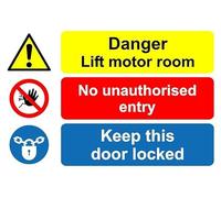 Danger lift motor room no unauthorised entry keep this door locked safety sign - Self adhesive sticker (300mm x 200mm)