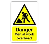 Danger men at work overhead sign - 1.2mm Rigid plastic for indoor/outdoor usage (600mm x 400mm) Viewing Distance within 20m.