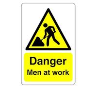 Danger men at work sign - High tack self-adhesive sticker (300mm x 200mm) Viewing Distance within 7m.