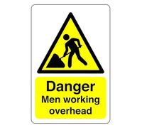 Danger men at working overhead sign - 1.2mm Rigid plastic for indoor/outdoor usage (200mm x 150mm) Viewing Distance within 5m.