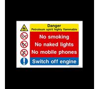 Danger Petroleum Spirit Highly Flammable - No Smoking Plastic Sign (MP39) - Danger, Caution, Flammable, Ear Protection, No Smoking, Harness, Men at work