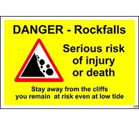 Danger - Rockfalls Serious Risk of Injury or Death Stay Away from The Cliffs You Remain at Risk Even in Low Tide Sign - 1.2mm Rigid Plastic 400mm x 300mm