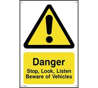 Danger Stop, Look, Listen - Beware of Vehicles - 300mm x 400mm - 1.2mm Rigid Plastic Drilled Sign (WG43)