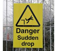 Danger Sudden Drop - Warning Sign c/w drill holes and cable tie - 200mm x 300mm fluted plastic (corex) - Advising of potential dangers on construction sites