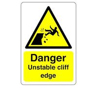Danger unstable cliff edge sign - 1.2mm Rigid plastic for indoor/outdoor usage (200mm x 150mm) Viewing Distance within 5m.