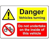 Danger vehicles turning do not undertake on the inside of this vehicle Safety sign - Self adhesive sticker (400mm x 300mm)