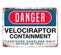 DANGER - Velociraptor Containment - Medium Sticky Pads | Printed Metal Wall Sign Plaque