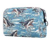 Dangerous Sharks on Waves Ocean Cosmetic Bag for Women, Travel Toiletries Bags Large Makeup Handy Pouch Organiser Bag with Zipper