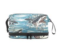 Dangerous Sharks on Waves Ocean Double Layer Cosmetic Bag for Women and Girls, Travel Toiletry Bag Makeup Handy Pouch Organiser Bag with Brush Compartment