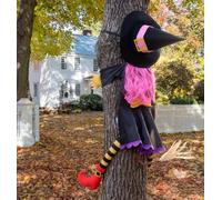 DANGIFTUS Crashing Witch Decoration for Halloween Outdoor Tree Prop | 51" Pink Witch Decor with Flying Witch on Broom Hanging, Great for Family Friendly Yard Porch Lawn Haunted House Display