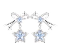 Dangle Blue Star Earrings With Bow, Crystal Zirconia, Silver Needle, Alloy Construction, Fabulous Gift With Storage Box For Women, Length 1 In / 2.5 Cm
