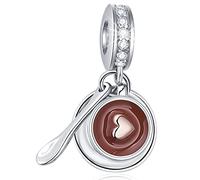 Dangle Coffee Cup with Saucer Spoon Charms, I Love Coffee Mug CZ Pendant Beads, fit Pandora Necklace Bracelet, Gift for Friend/Valentines Birthday/Christmas