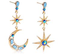 Dangle Drop Earrings, Vintage Moon Star Cute Asymmetric Stud Earrings, Copper and Fake Crystal, for Daily Wear, Party, Dating, Birthday, Costume, Anniversary, Club
