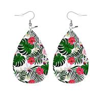 Dangle Earring Hibiscus Flower, Paradise Palm Leaves Flower Leather Teardrop Hook Earrings Lightweight Jewellery Classic Faux Leather Earrings For Birthday Party Women Accessory