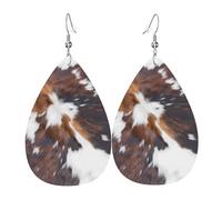 Dangle Earrings Brown Cowhide, Cow Skin Print Pattern1 Colorful Teardrop Faux Leather Earrings Luxurious Holiday Earring For Beach Festival Married