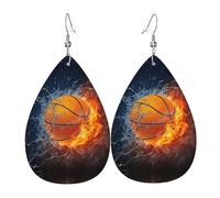 Dangle Earrings for Women â€“ Teardrop Basketball on Fire and Water Flame Splashing (Print Leather Earrings, Fashion Jewelry for Parties, Girls Accessory