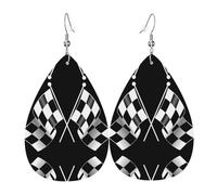 Dangle Earrings for Women â€“ Teardrop Black White Formula Checkered Flags Pattern Print Leather Earrings, Fashion Jewelry for Parties, Girls Accessory