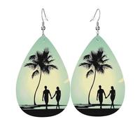 Dangle Earrings for Women â€“ Teardrop Married Couple Walking on The Beach Print Leather Earrings, Fashion Jewelry for Parties, Girls Accessory