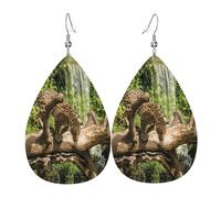 Dangle Earrings for Women â€“ Teardrop Panther on Tree Trunk Waterfall Print Leather Earrings, Fashion Jewelry for Parties, Girls Accessory