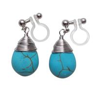 Dangle Gemstone Invisible Clip On Earrings for Women Not Pierced Blue Turquoise Pink Quartz Aquamarine Tiger Eyes Amethyst Garnet Moon Stone Sunstone Red Agate Smoky Quartz Lapis Lazuli, M, Resin, No