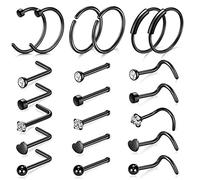 Dangle Nose Ring 20G, 21Pcs Nose Piercing Jewelry Stainless Steel Circle Hoop L Shape with Cubic Zirconia Body Jewelry for Women 0.8mm