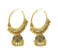 Dangle Retro Indian Jhumki Bell Huggie Hoop Statement Earrings Bollywood Oxidized Traditional Jhumka Style Drop Big Open Hoops Earring Boho Jewelry Gift for Women Girls BBF, 34.5 millimeters, Metal