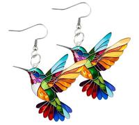Dangling Hummingbird Earrings | 2D Flat Acrylic Lightweight Bird Earrings for Women | Vibrant Colorful Bird Design Dangle Pendant Earrings | Perfect Artistic Jewelry Accessory for Everyday Use