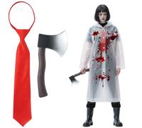 DANHMAO 3 PCS American Halloween Psycho Costume Accessory with Raincoat, Axe, Red Tie, Scary Horror Dress Up for Men Women Scary Horror Killer Cosplay Party Costume