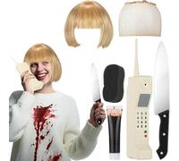 DANHMAO 6 PCS Halloween Casey Scream Costume Accessories for Women Include Light Blond Wig, Hairnet, Retro Brick Phone Model, Fake Blood, Plastic Knife, Sponge, for Halloween Cosplay Party