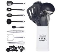 Daniel James Kitchen Utensil Set - 19 Piece Heat Resistant Cooking Tools and Gadgets with Utensil Holder - Black, Silver & White