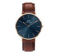 Daniel Wellington Gents Classic St Mawes Rose Gold 40mm Blue Dial Brown Leather Strap Watch