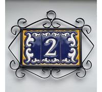 Daniella-M1 Spanish Hand-Painted Ceramic White Number with Dark Blue Border Tiles with 3 Tile Filigree Frame