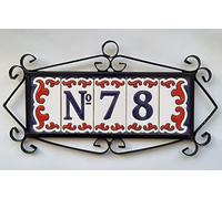 Daniella-M3 Spanish Hand-painted Ceramic Blue Number Tiles With Blue And Red Border With 5 Tile Filigree Frame