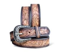 DANIEL'S ARTPLANET Western Belt for Men Full Grain One Piece Leather Belt Tooled Handmade with Buckle Engraved 1.5” Wide, Brown, 44