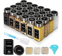 Danillous Square Spice Jars Set of 24 with Stainless Steel Lids: Includes Shaker Inserts, Pre-Printed English Labels (180 Spices), Black & White Stickers, Silicone Funnel & Cleaning Brush