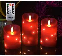 DANIP Red LED flameless Candle with Embedded Starlight String, 3 LED Candles, 10-Key Remote Control, 24-Hour Timer Function, Dancing Flame, Real Wax, Battery Powered. (Red Paraffin)