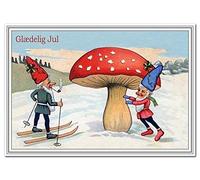 Danish Christmas Cards - Glædelig Jul - Merry Xmas Greetings in Danish language - Elf Gnome skiing Vintage Scandinavian design - Best Wishes Denmark - Blank inside to write own message