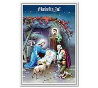Danish Christmas Cards - Glædelig Jul - Merry Xmas Greetings in Danish language - Holy Family Religious Vintage Scandinavian design - Best Wishes Denmark - Blank inside to write own message