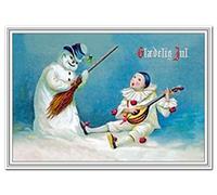 Danish Christmas Cards - Glædelig Jul - Merry Xmas Greetings in Danish language - Snowman Pierrot Clown Vintage Scandinavian design - Best Wishes Denmark - Blank inside to write own message