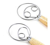 Danish Dough Whish Bread Mixer, 2 Pack Stainless Steel Dutch Whisk Hand Mixer Wooden Handle Kitchen Baking Tool for Baking Cake Dessert Sourdough Pizza and Pastry, Artisian Blender