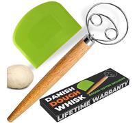 Danish Dough Whisk & Dough Cutter Set - 13" Bread Whisk with Stainless Steel Double Eyes Design, Sourdough Mixer Tool for Baking, Pizza, Pastry, Cake Batter - Wooden Handle & Stainless Steel Hook